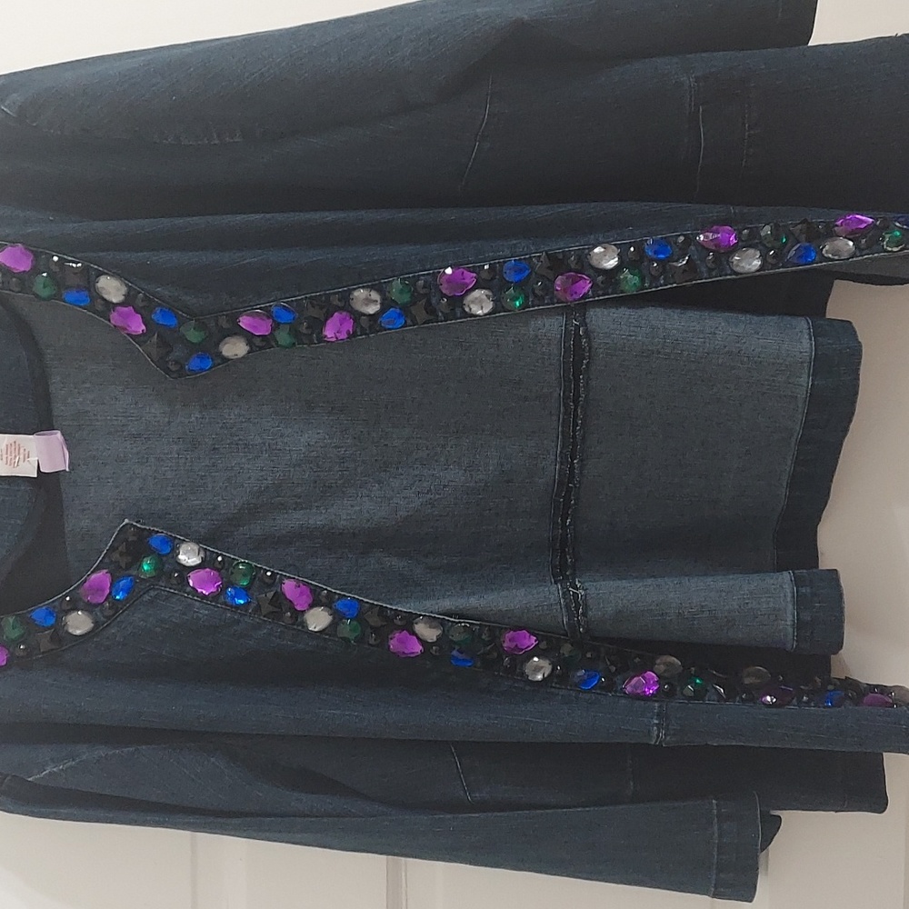 Rudy Rd denim jacket trimmwd in colorful  rhinestones 20w